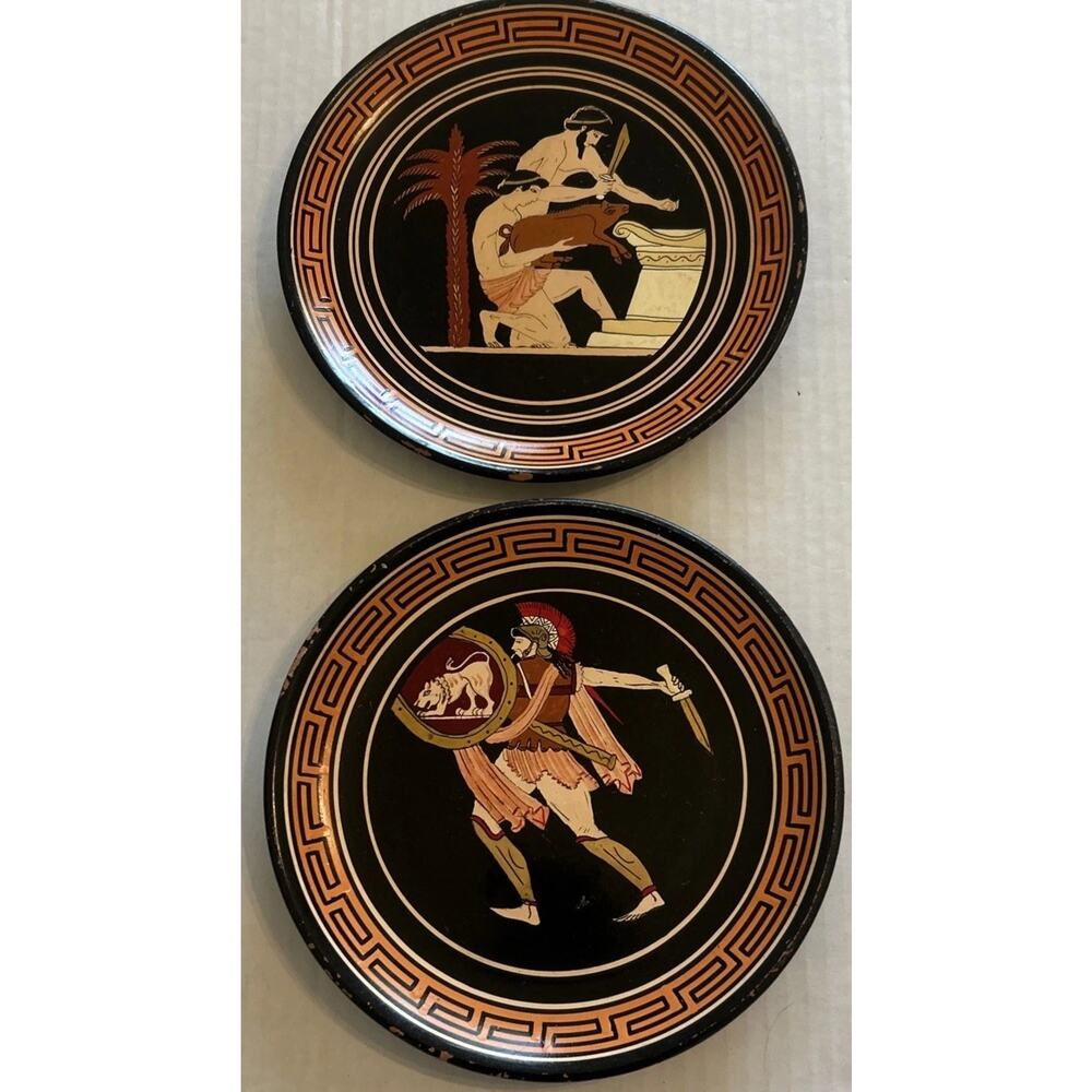 Greek Plates Set Of 2 7” Hand Painted Neoptolemos Holding Astiana & Pig at Altar